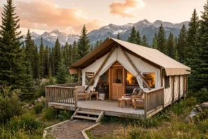 خيمة سفاري فاخرة فاخرة مجهزة بالجملة في موقع تخييم بمنتجع جبلي مع سطح خشبي ومناظر خلابة